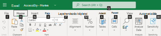 A Menüszalag lapjának billentyűtippjei a Webes Excelben.
