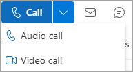 Képernyőkép a Hívás legördülő listáról az Outlook névjegykártyáján