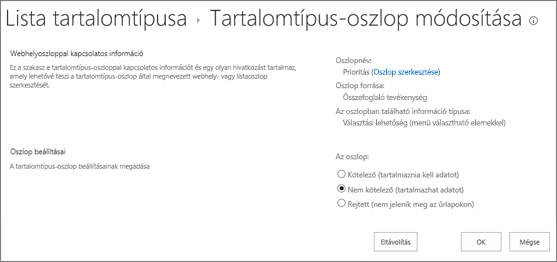 A tartalomtípus-oszlop módosítása lap