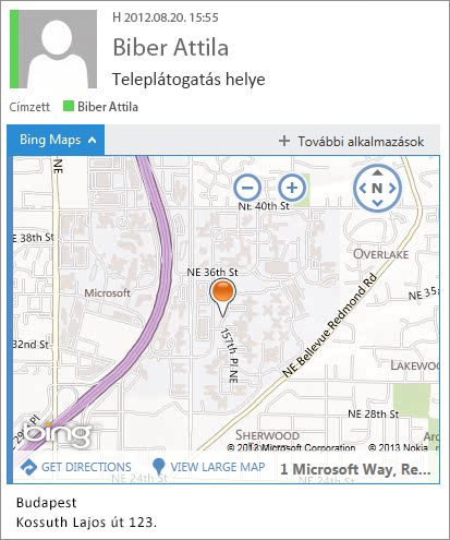 E-mail, amelyben a Bing Maps alkalmazás egy térképen megmutatja, hogy hol van a cím