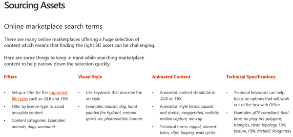 Screenshot from the Sourcing Assets section of the 3D Content Guidelines