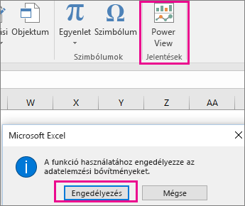 Egyéni kimutatásnézet-gomb és párbeszédpanel a bővítmény bekapcsolásához az Excelben