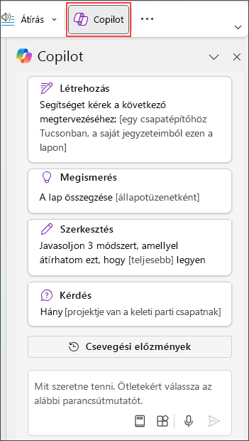 A Copilot-panel a OneNote-ban a lap jobb oldalán.