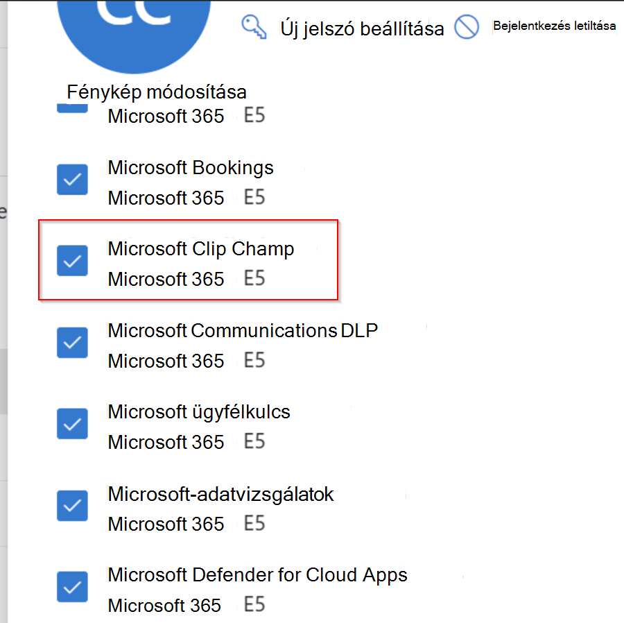 Clipchamp szolgáltatásként jelenik meg a Microsoft 365-szervezet egy felhasználója által hozzárendelt alkalmazások és licencek listájában