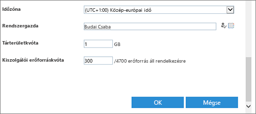 Az Új webhelycsoport párbeszédpanel, időzóna- és kvótacsoporttal.