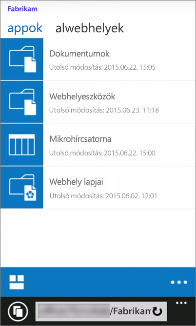 Képernyőkép egy SharePoint Server 2016-webhely mobilnézetéről