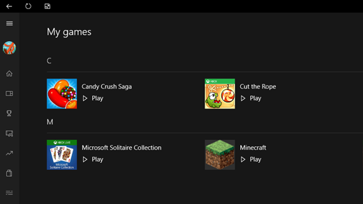 Az Xbox alkalmazás Játékaim szakaszának képernyőképe