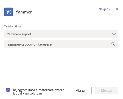 A Teams alkalmazásban megjelenítendő Yammer-csoport kiválasztására szolgáló képernyő