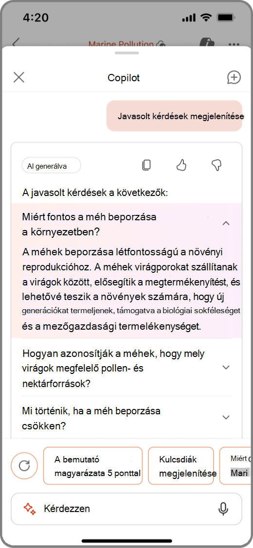 Képernyőkép a PowerPoint Copilotról iOS-eszközön a javasolt kérdésekkel és válaszokkal