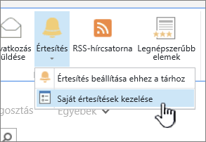 A SharePoint 2016 Riasztás kezelése gombja ki van emelve