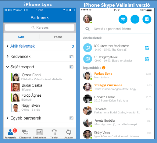 A Lync és a Skype vállalati verzió egymás melletti képernyőképei