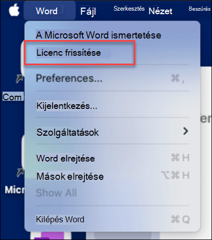 A Licenc frissítése gomb megkeresése a Microsoft Wordben MacOS rendszeren.