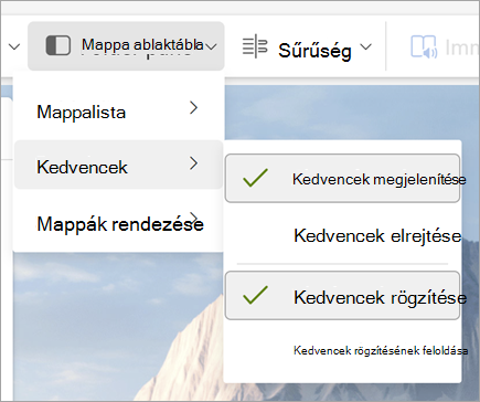 Képernyőkép a Mappa ablaktábla legördülő listájáról, amelyen a Kedvencek megjelenítése és a Kedvencek rögzítése elem van kiválasztva