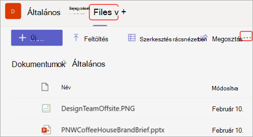 Képernyőkép a Fájlok lapról és a Megnyitás a SharePointban lehetőségről a Microsoft Teamsben