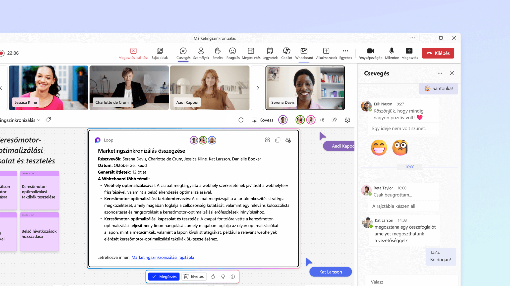 Képernyőkép a Whiteboard Copilotról, ahogy összegzi az értekezleten zajlott beszélgetést.