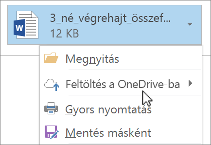 Képernyőkép: az Outlook levélírásra szolgáló ablaka, ahol egy csatolt fájl látható, és a Feltöltés parancs ki van jelölve