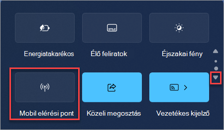 A mobil elérési pont gyorsműveletének megkeresése Windows 11 gyorsbeállításokban.