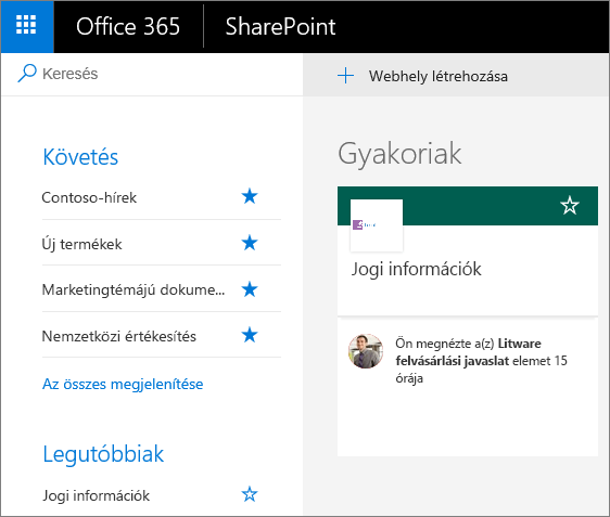 Képernyőkép a SharePoint modern módjának kezdőlapról.