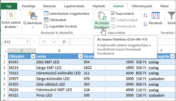 Egy importált listát tartalmazó Excel-számolótábla, kiemelt Az összes frissítése gombbal