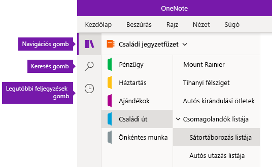 A Windows 10 OneNote navigációs sávja