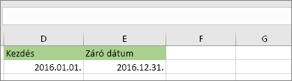 A D53 cellában a kezdő dátum 2016. 01. 01., az E53 cellában a záró dátum pedig 2016. 12. 31.