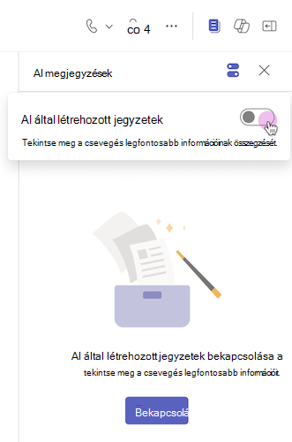 Az AI-jegyzetek be vannak kapcsolva egy váltógombról a Teams-csevegésben
