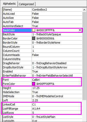 ActiveX-alapú kombinált lista tulajdonságbeállításai.