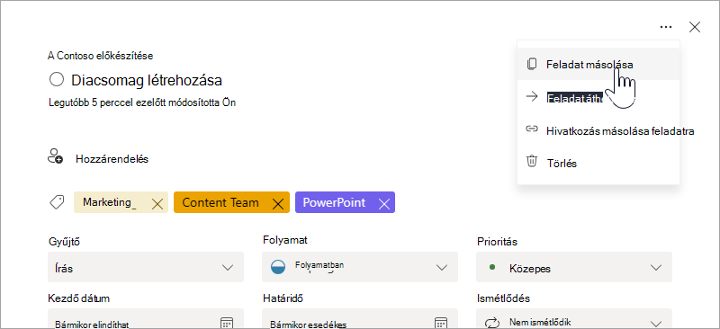 A "Feladat másolása" lehetőség kiválasztása a feladat részletei között