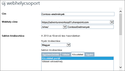 Az Új webhelycsoport párbeszédpanel, felső felében a kiemelt Közzétételi portál elemmel