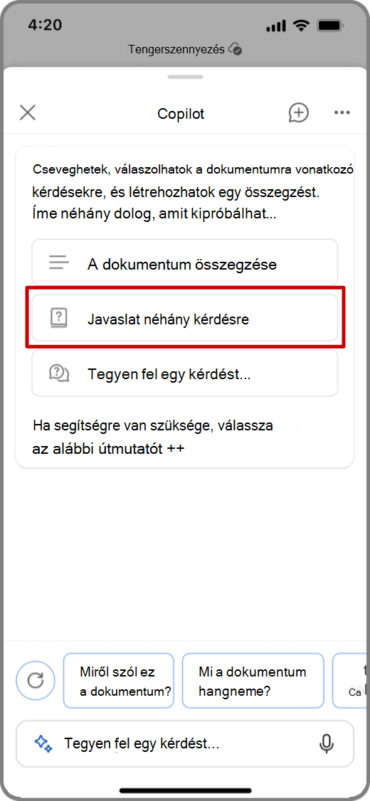Képernyőkép a Word Copilotról iOS-rendszerű eszközön, a Javasoljon néhány kérdés-választ kérés kiemelésével