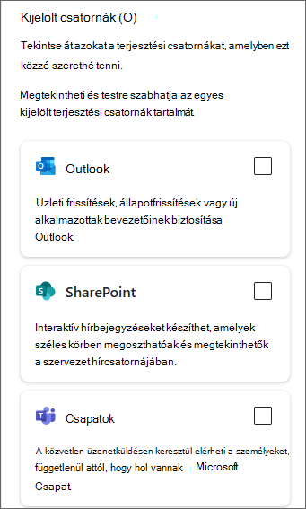 Képernyőkép az oldalsó panelről, amelyen az Outlook, a SharePoint és a Teams jelölőnégyzetei láthatók.