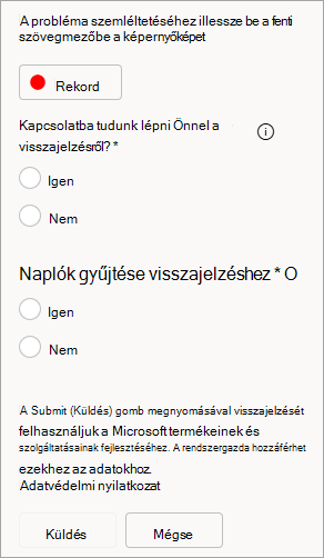 Képernyőkép a kapcsolatfelvétel engedélyezéséről és a naplók küldéséről visszajelzés küldésekor