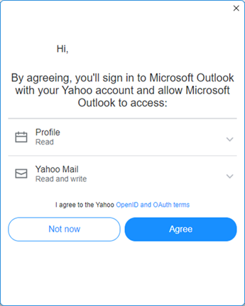 A Yahoo Outlook beállítási képernyőjének negyedik képernyője – a Yahoo feltételeinek elfogadása