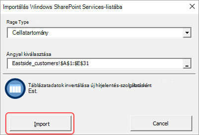Képernyőkép az Importálás számolótáblába párbeszédpanelről az Importálás gomb kiemelésével.