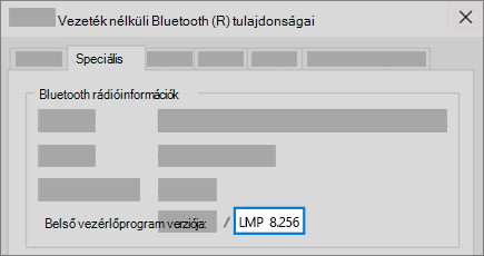 A Bluetooth LMP-verzió mezője az eszközkezelő Speciális lapján.