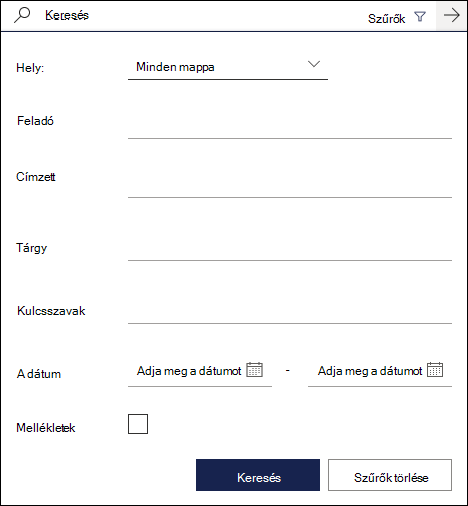 A Webes Outlook elérhető szűrőket megjelenítő keresőmezője