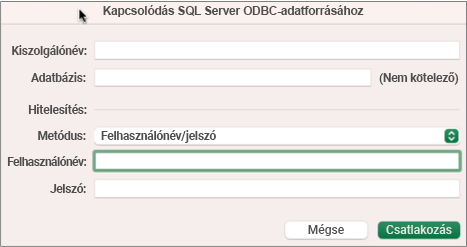 A kiszolgáló, az adatbázis és a hitelesítő adatok megadására szolgáló SQL Server párbeszédpanel