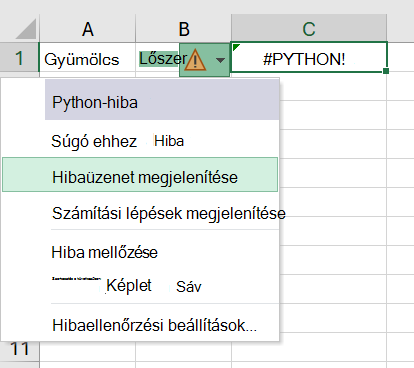 Hiba egy Python az Excelben cellában, a hibamenü megnyitva.