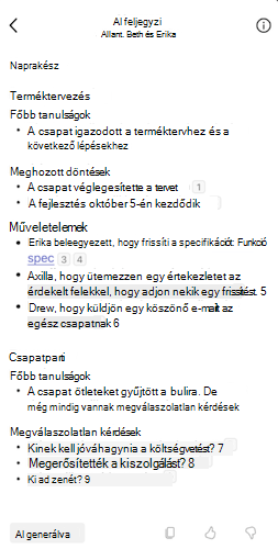 Az AI által létrehozott jegyzetek megtekintése egy Microsoft Teams-csevegésben mobileszközön.