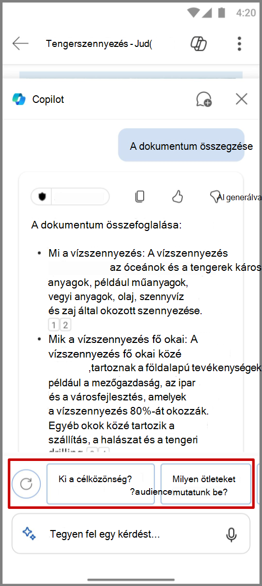 Képernyőkép a Word Copilotról Android eszközön, az utánkövető kérdések kiemelésével