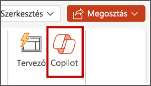 A PowerPointban elérhető Copilot menüszalagon szereplő gombjának képernyőképe