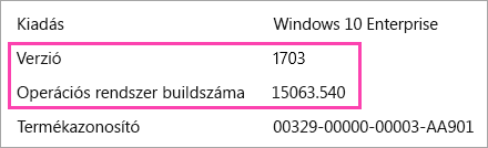 A Windows-verzió és a Szerkesztés számok megjelenítő képernyőkép