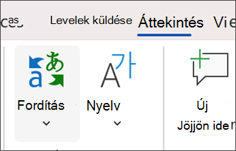 képernyőkép a Microsoft Wordben a véleményezés kiválasztásáról, majd a fordításról