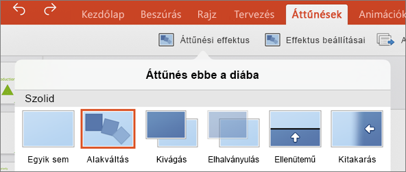 Az Alakváltás áttűnés az iPad PowerPoint 2016 Áttűnések menüjében