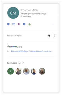 Az Office 365-csoportok új előugró paneljének képe