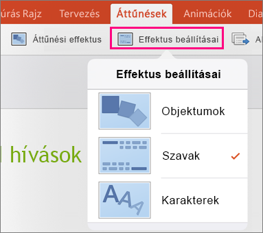 Az Alakváltás áttűnés effektusbeállításai az iPad PowerPoint 2016-ban