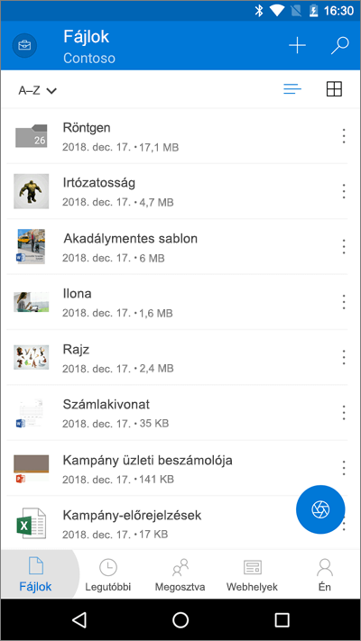 Képernyőkép: a OneDrive mobilapp a kiemelt Fájlok gombbal