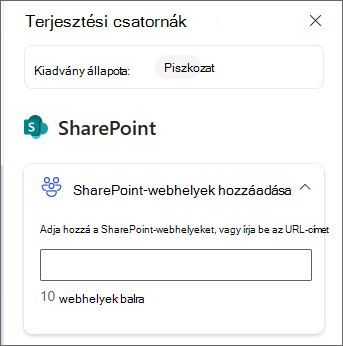 Képernyőkép a SharePoint-webhelyek hozzáadására szolgáló panelről.