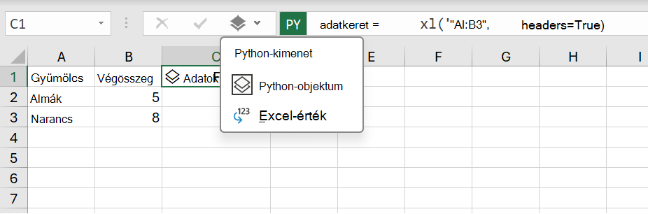 A Python kimeneti menüje egy Excel-munkafüzetben.
