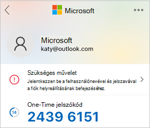 Képernyőkép a Microsoft Authenticator egyszeri jelszókódról.